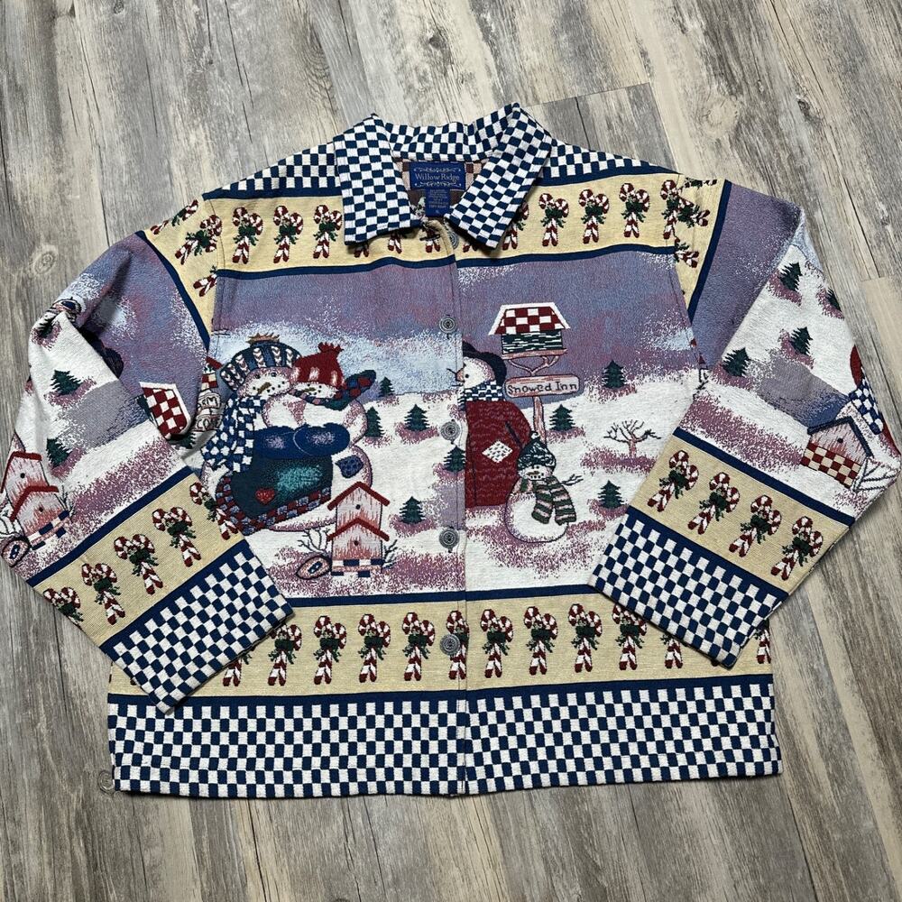 Willow Ridge Snowman Tapestry Jacket XL Christmas Candy Cane Checkered Holiday